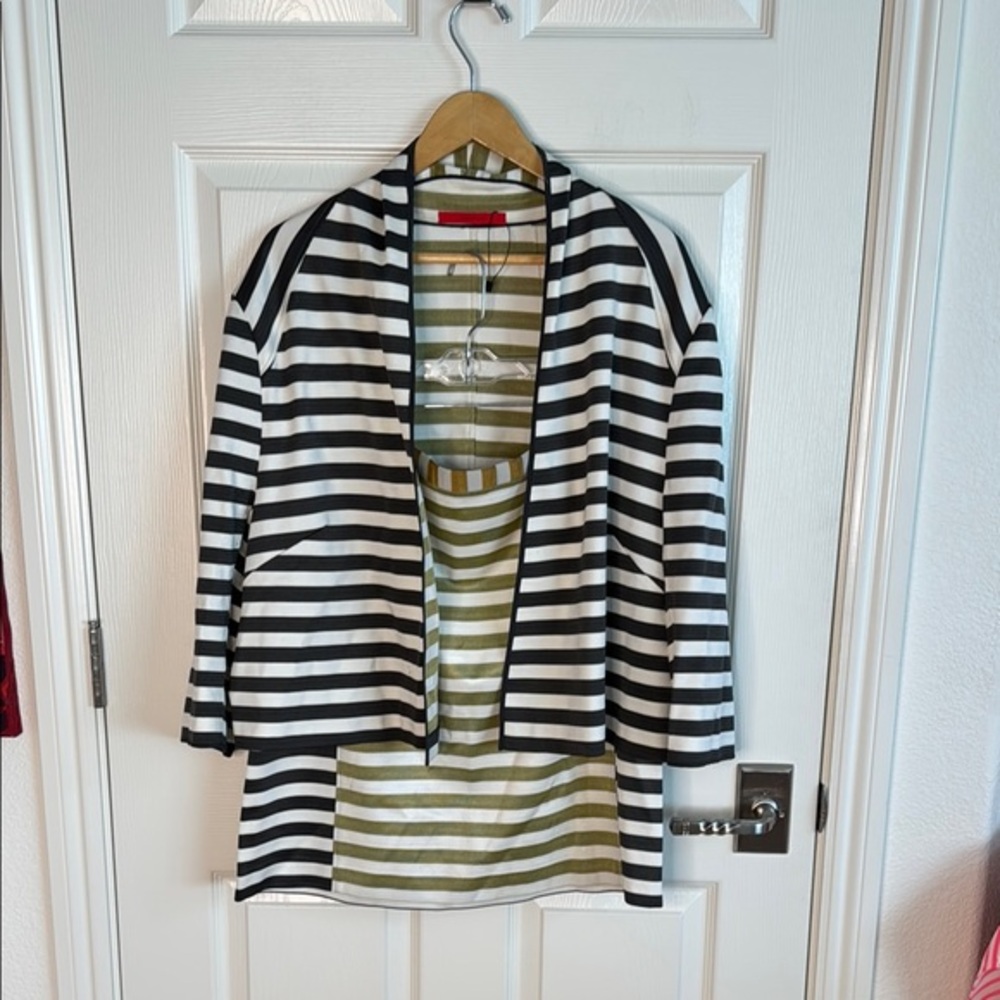 Chic Olive and Cream Striped Blazer and skirt combo